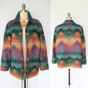 Vintage Ralph Lauren wool aztec native indian blanket leather concho jacket coat